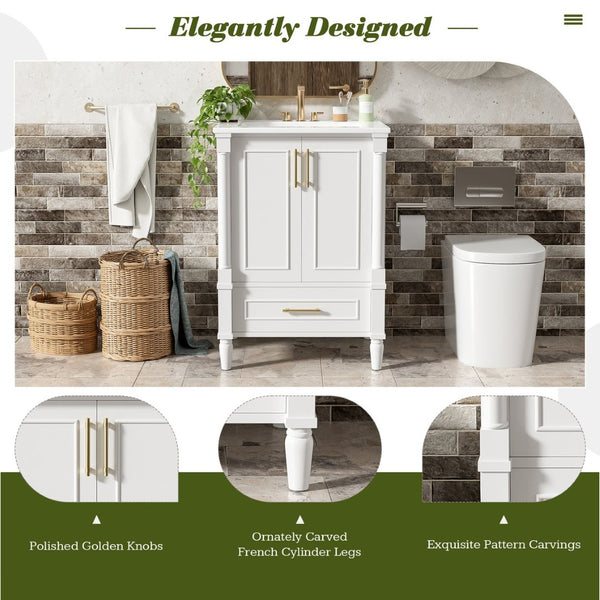 English Elm 24 Inch French Classical Bathroom Vanity with Carved Legs Ceramic Sink and Soft Close Cabinet White N710P446527K