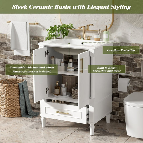 English Elm 24 Inch French Classical Bathroom Vanity with Carved Legs Ceramic Sink and Soft Close Cabinet White N710P446527K