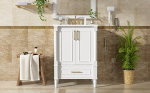 English Elm 24 Inch French Classical Bathroom Vanity with Carved Legs Ceramic Sink and Soft Close Cabinet White N710P446527K