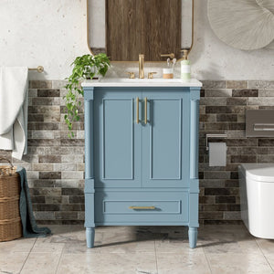 English Elm 24 Inch French Classical Bathroom Vanity with Carved Legs Ceramic Sink and Soft Close Cabinet Indigo Blue N710P446527M