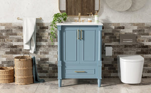 English Elm 24 Inch French Classical Bathroom Vanity with Carved Legs Ceramic Sink and Soft Close Cabinet Indigo Blue N710P446527M
