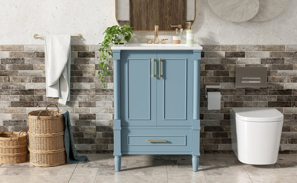 English Elm 24 Inch French Classical Bathroom Vanity with Carved Legs Ceramic Sink and Soft Close Cabinet Indigo Blue N710P446527M