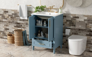 English Elm 24 Inch French Classical Bathroom Vanity with Carved Legs Ceramic Sink and Soft Close Cabinet Indigo Blue N710P446527M