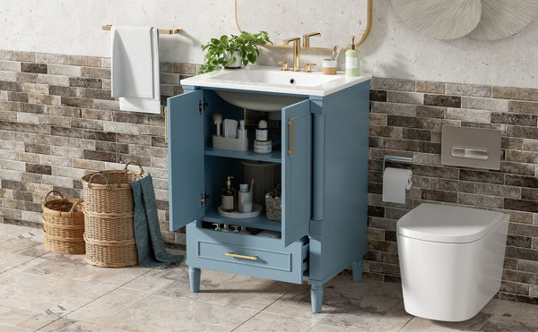 English Elm 24 Inch French Classical Bathroom Vanity with Carved Legs Ceramic Sink and Soft Close Cabinet Indigo Blue N710P446527M