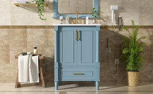 English Elm 24 Inch French Classical Bathroom Vanity with Carved Legs Ceramic Sink and Soft Close Cabinet Indigo Blue N710P446527M