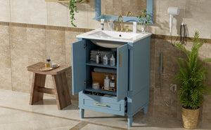 English Elm 24 Inch French Classical Bathroom Vanity with Carved Legs Ceramic Sink and Soft Close Cabinet Indigo Blue N710P446527M