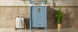 English Elm 24 Inch French Classical Bathroom Vanity with Carved Legs Ceramic Sink and Soft Close Cabinet Indigo Blue N710P446527M