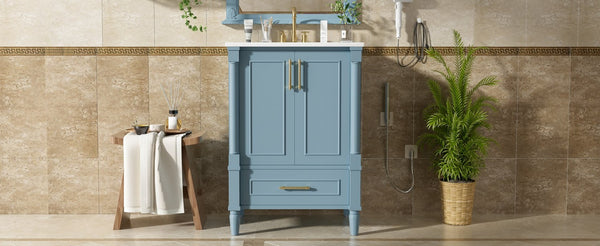 English Elm 24 Inch French Classical Bathroom Vanity with Carved Legs Ceramic Sink and Soft Close Cabinet Indigo Blue N710P446527M