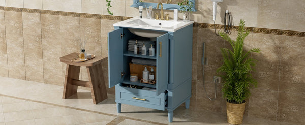English Elm 24 Inch French Classical Bathroom Vanity with Carved Legs Ceramic Sink and Soft Close Cabinet Indigo Blue N710P446527M