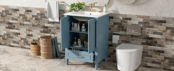 English Elm 24 Inch French Classical Bathroom Vanity with Carved Legs Ceramic Sink and Soft Close Cabinet Indigo Blue N710P446527M