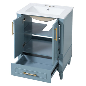 English Elm 24 Inch French Classical Bathroom Vanity with Carved Legs Ceramic Sink and Soft Close Cabinet Indigo Blue N710P446527M
