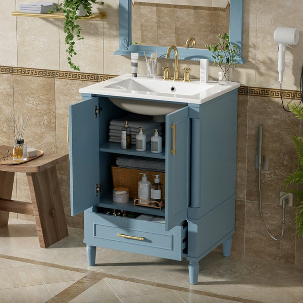 English Elm 24 Inch French Classical Bathroom Vanity with Carved Legs Ceramic Sink and Soft Close Cabinet Indigo Blue N710P446527M