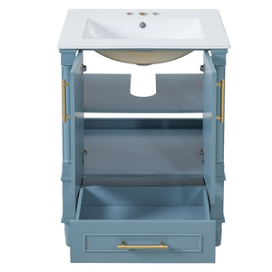 English Elm 24 Inch French Classical Bathroom Vanity with Carved Legs Ceramic Sink and Soft Close Cabinet Indigo Blue N710P446527M