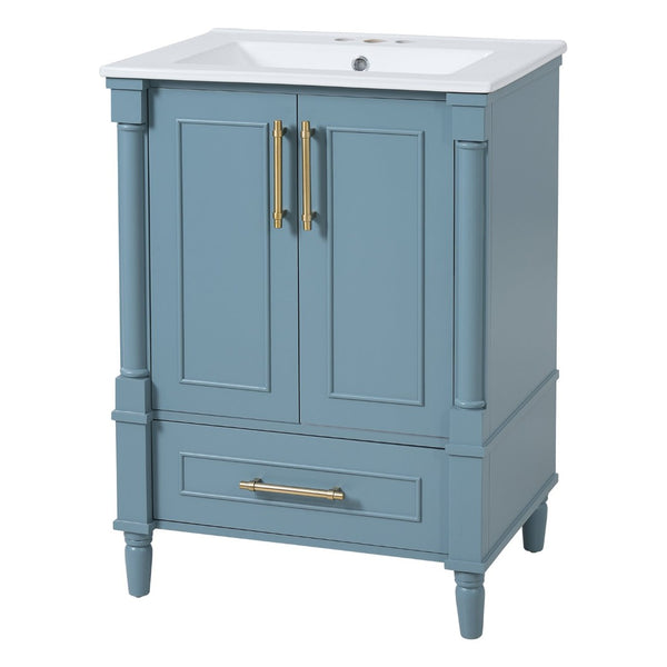 English Elm 24 Inch French Classical Bathroom Vanity with Carved Legs Ceramic Sink and Soft Close Cabinet Indigo Blue N710P446527M