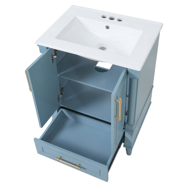 English Elm 24 Inch French Classical Bathroom Vanity with Carved Legs Ceramic Sink and Soft Close Cabinet Indigo Blue N710P446527M