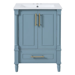 English Elm 24 Inch French Classical Bathroom Vanity with Carved Legs Ceramic Sink and Soft Close Cabinet Indigo Blue N710P446527M