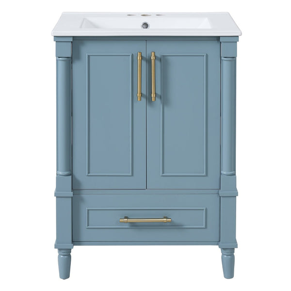 English Elm 24 Inch French Classical Bathroom Vanity with Carved Legs Ceramic Sink and Soft Close Cabinet Indigo Blue N710P446527M