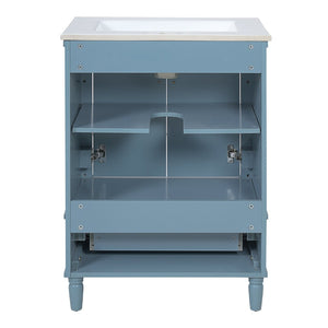 English Elm 24 Inch French Classical Bathroom Vanity with Carved Legs Ceramic Sink and Soft Close Cabinet Indigo Blue N710P446527M