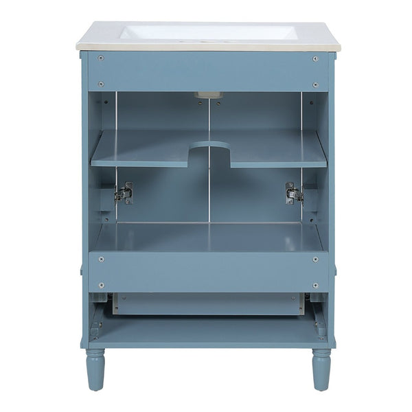 English Elm 24 Inch French Classical Bathroom Vanity with Carved Legs Ceramic Sink and Soft Close Cabinet Indigo Blue N710P446527M