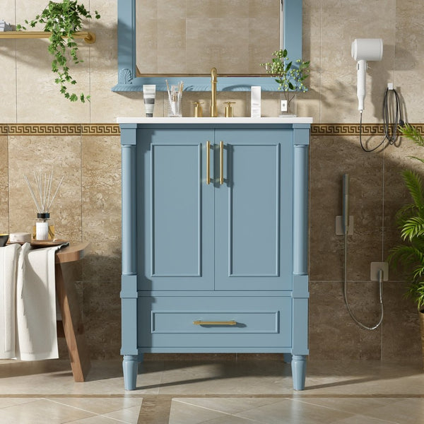English Elm 24 Inch French Classical Bathroom Vanity with Carved Legs Ceramic Sink and Soft Close Cabinet Indigo Blue N710P446527M