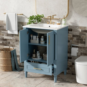 English Elm 24 Inch French Classical Bathroom Vanity with Carved Legs Ceramic Sink and Soft Close Cabinet Indigo Blue N710P446527M