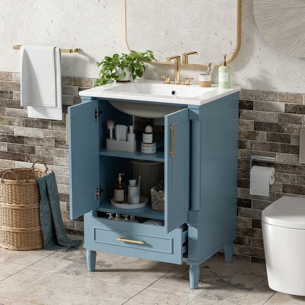 English Elm 24 Inch French Classical Bathroom Vanity with Carved Legs Ceramic Sink and Soft Close Cabinet Indigo Blue N710P446527M