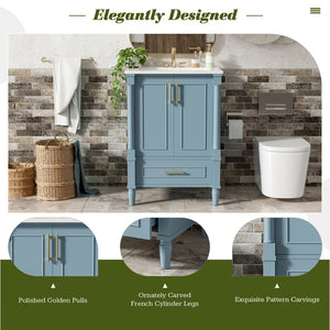 English Elm 24 Inch French Classical Bathroom Vanity with Carved Legs Ceramic Sink and Soft Close Cabinet Indigo Blue N710P446527M