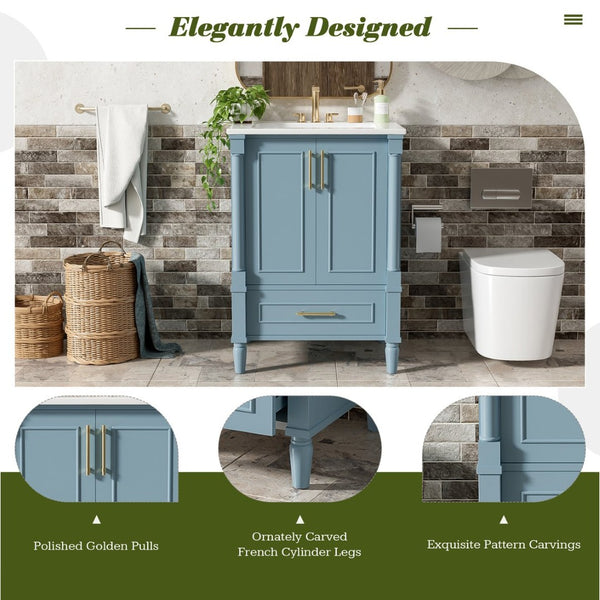English Elm 24 Inch French Classical Bathroom Vanity with Carved Legs Ceramic Sink and Soft Close Cabinet Indigo Blue N710P446527M