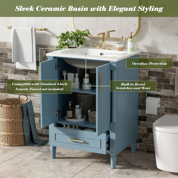 English Elm 24 Inch French Classical Bathroom Vanity with Carved Legs Ceramic Sink and Soft Close Cabinet Indigo Blue N710P446527M