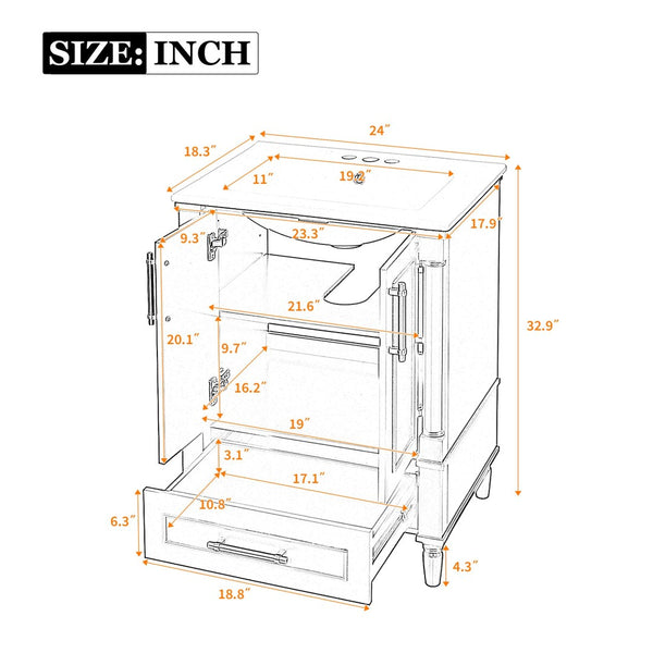 English Elm 24 Inch French Classical Bathroom Vanity with Carved Legs Ceramic Sink and Soft Close Cabinet Indigo Blue N710P446527M