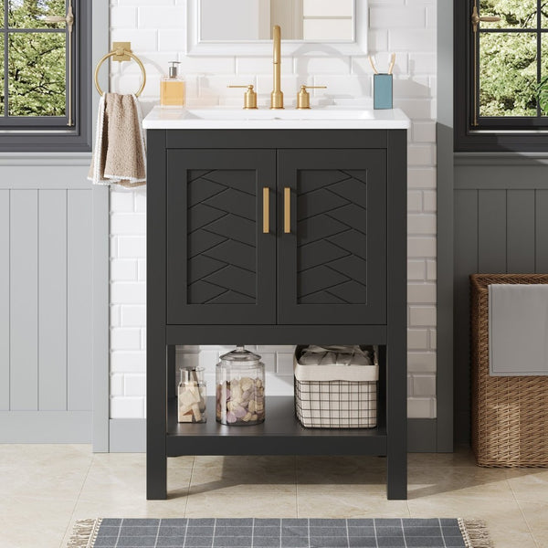 English Elm 24 Inch Bathroom Vanity Twill Textured MDF Cabinet Rubberwood Legs Adjustable Shelf Black N710P446535B