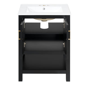 English Elm 24 Inch Bathroom Vanity Twill Textured MDF Cabinet Rubberwood Legs Adjustable Shelf Black N710P446535B