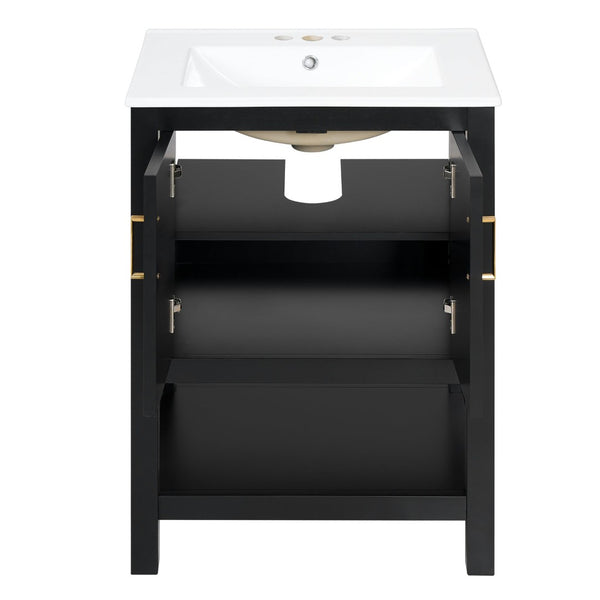English Elm 24 Inch Bathroom Vanity Twill Textured MDF Cabinet Rubberwood Legs Adjustable Shelf Black N710P446535B