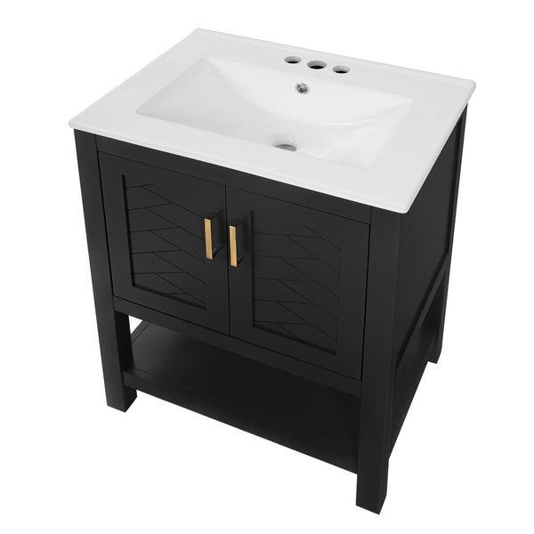 English Elm 24 Inch Bathroom Vanity Twill Textured MDF Cabinet Rubberwood Legs Adjustable Shelf Black N710P446535B