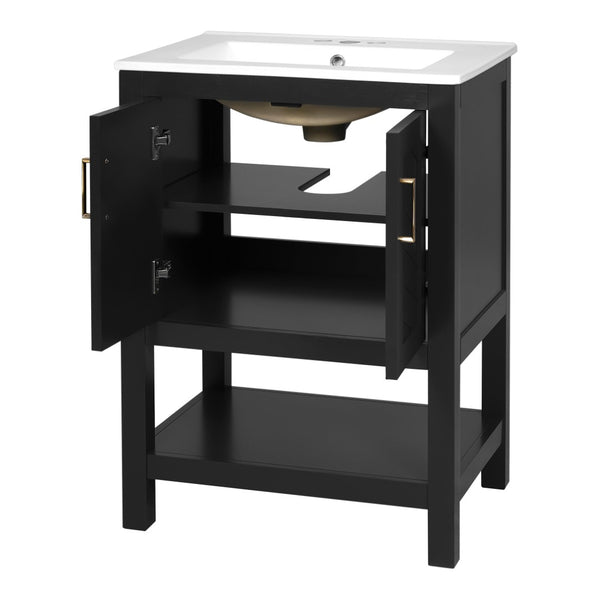 English Elm 24 Inch Bathroom Vanity Twill Textured MDF Cabinet Rubberwood Legs Adjustable Shelf Black N710P446535B