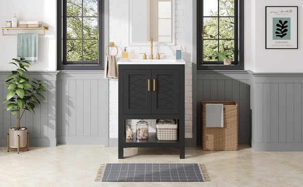 English Elm 24 Inch Bathroom Vanity Twill Textured MDF Cabinet Rubberwood Legs Adjustable Shelf Black N710P446535B