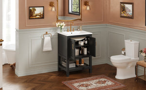 English Elm 24 Inch Bathroom Vanity Twill Textured MDF Cabinet Rubberwood Legs Adjustable Shelf Black N710P446535B