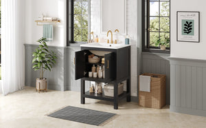 English Elm 24 Inch Bathroom Vanity Twill Textured MDF Cabinet Rubberwood Legs Adjustable Shelf Black N710P446535B