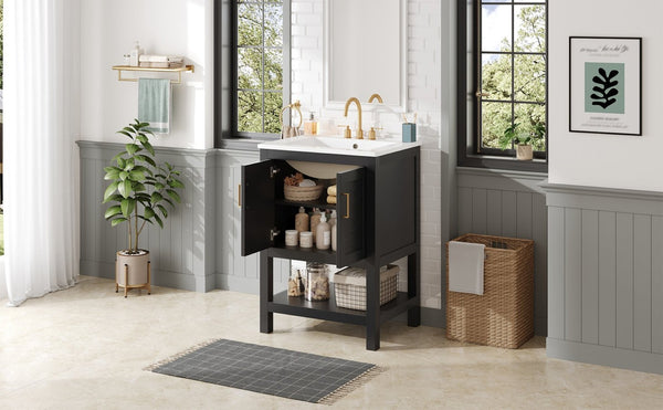 English Elm 24 Inch Bathroom Vanity Twill Textured MDF Cabinet Rubberwood Legs Adjustable Shelf Black N710P446535B