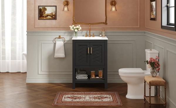 English Elm 24 Inch Bathroom Vanity Twill Textured MDF Cabinet Rubberwood Legs Adjustable Shelf Black N710P446535B