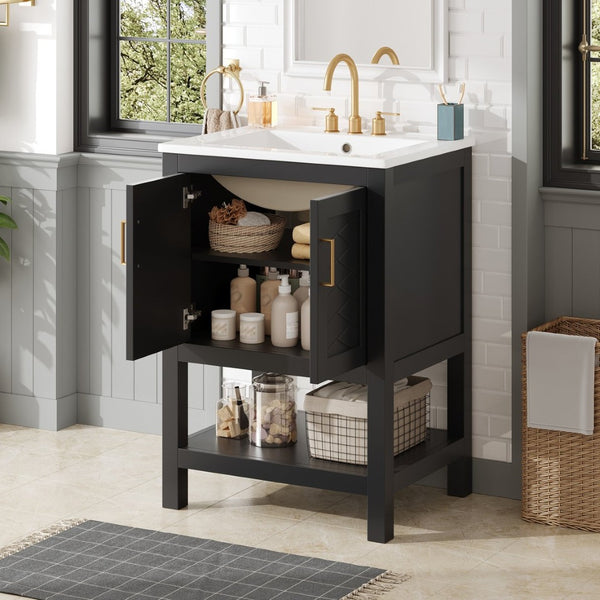 English Elm 24 Inch Bathroom Vanity Twill Textured MDF Cabinet Rubberwood Legs Adjustable Shelf Black N710P446535B