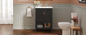 English Elm 24 Inch Bathroom Vanity Twill Textured MDF Cabinet Rubberwood Legs Adjustable Shelf Black N710P446535B