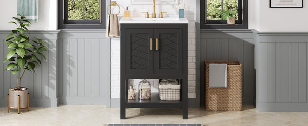 English Elm 24 Inch Bathroom Vanity Twill Textured MDF Cabinet Rubberwood Legs Adjustable Shelf Black N710P446535B