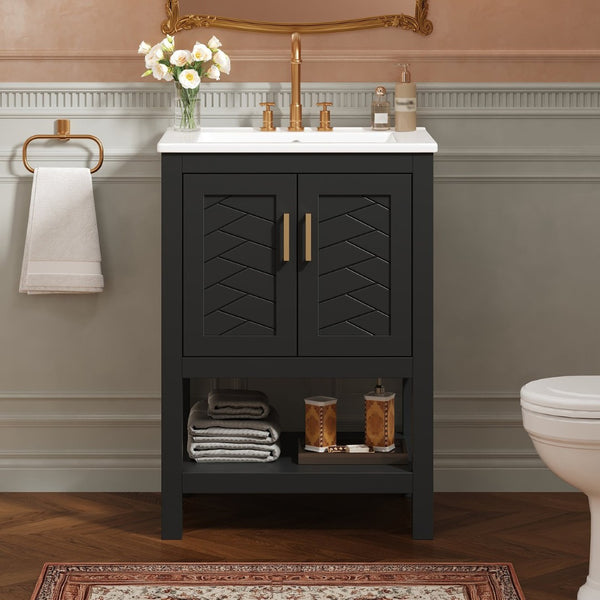 English Elm 24 Inch Bathroom Vanity Twill Textured MDF Cabinet Rubberwood Legs Adjustable Shelf Black N710P446535B