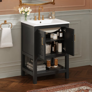 English Elm 24 Inch Bathroom Vanity Twill Textured MDF Cabinet Rubberwood Legs Adjustable Shelf Black N710P446535B