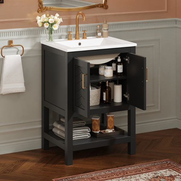 English Elm 24 Inch Bathroom Vanity Twill Textured MDF Cabinet Rubberwood Legs Adjustable Shelf Black N710P446535B