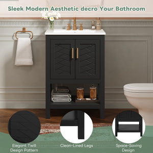 English Elm 24 Inch Bathroom Vanity Twill Textured MDF Cabinet Rubberwood Legs Adjustable Shelf Black N710P446535B