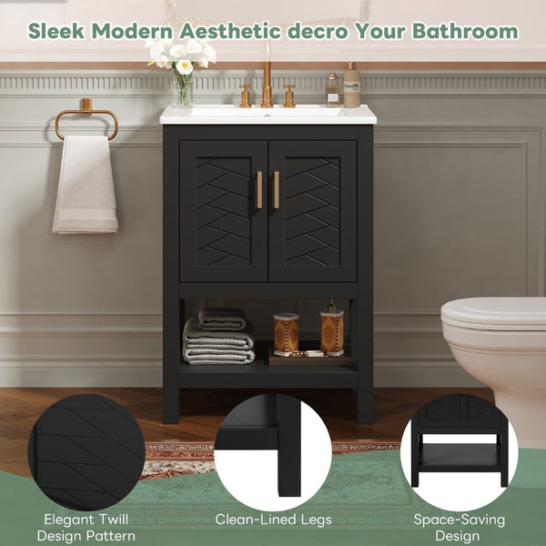 English Elm 24 Inch Bathroom Vanity Twill Textured MDF Cabinet Rubberwood Legs Adjustable Shelf Black N710P446535B