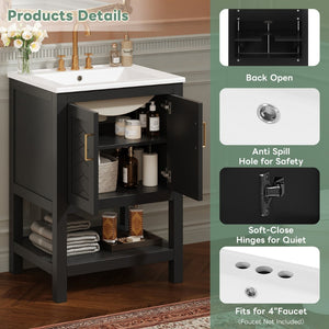 English Elm 24 Inch Bathroom Vanity Twill Textured MDF Cabinet Rubberwood Legs Adjustable Shelf Black N710P446535B