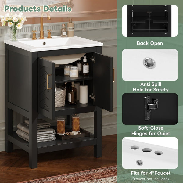 English Elm 24 Inch Bathroom Vanity Twill Textured MDF Cabinet Rubberwood Legs Adjustable Shelf Black N710P446535B